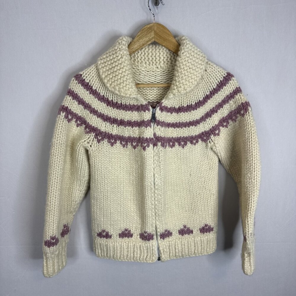 Hand Knit Wool Zip Cardigan‎ Sweater Cream Purple Fair Isle Collared Women XS